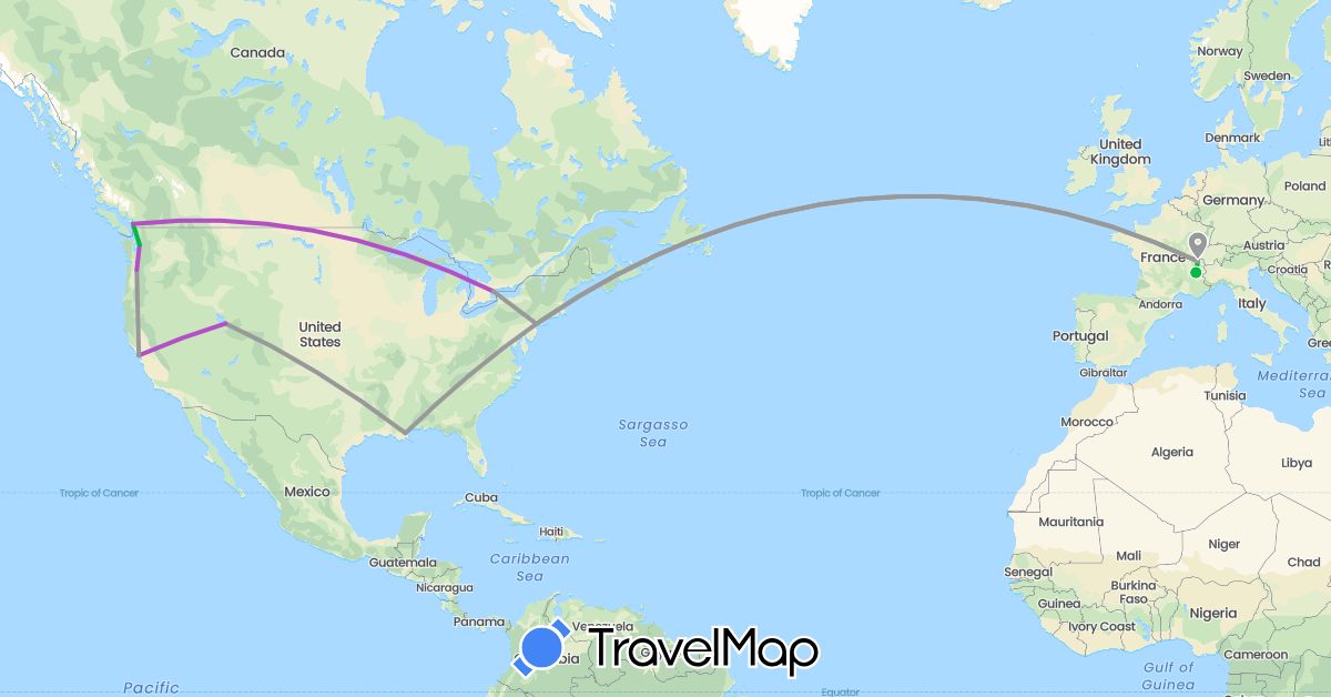 TravelMap itinerary: bus, plane, train in Canada, Switzerland, France, United States (Europe, North America)